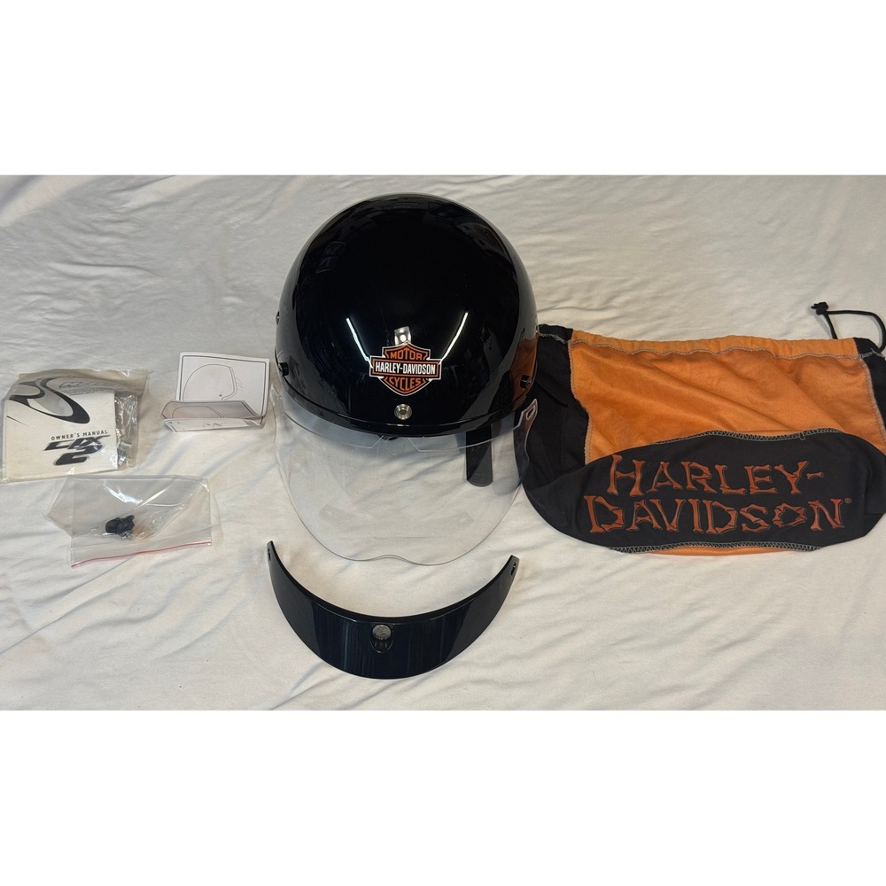 Harley-Davidson Gloss Black Half Helmet DOT Clear Shield Visor Bag Mens Large